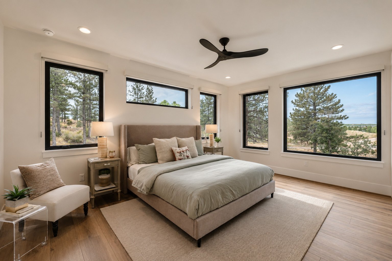 En suite bedroom with king bed and neutral tones, Franktown, Colorado