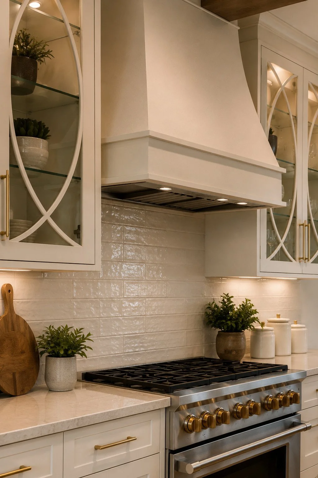 Kitchen range alcove with cream tile and brass knobs, Parker, Colorado