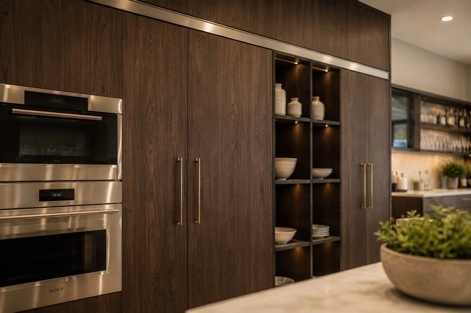 Luxury kitchen with dark wood cabinets and marble counter, Cherry Hills Village, Colorado