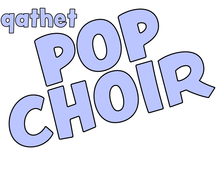 Word cloud with the words "gather," "POP," and "CHOIR" in large purple text on a black background.