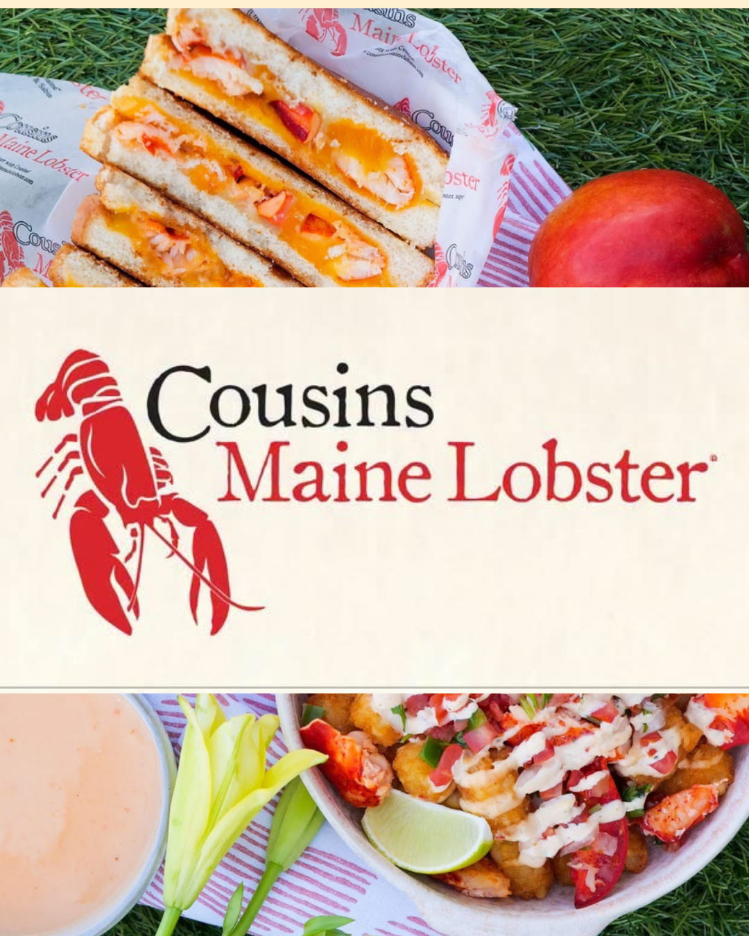 A live cooked lobster with a bright red shell lying on a gray concrete surface.