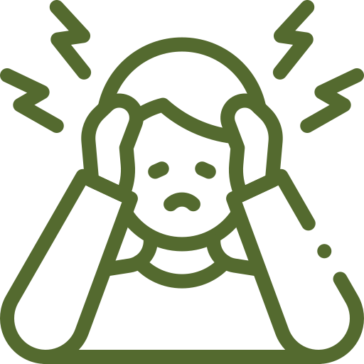 Line drawing of a person holding their head with both hands, surrounded by zigzag lines indicating distress.