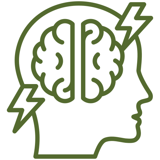 Line drawing of a human head profile with a brain inside, lightning bolts around the brain and head.