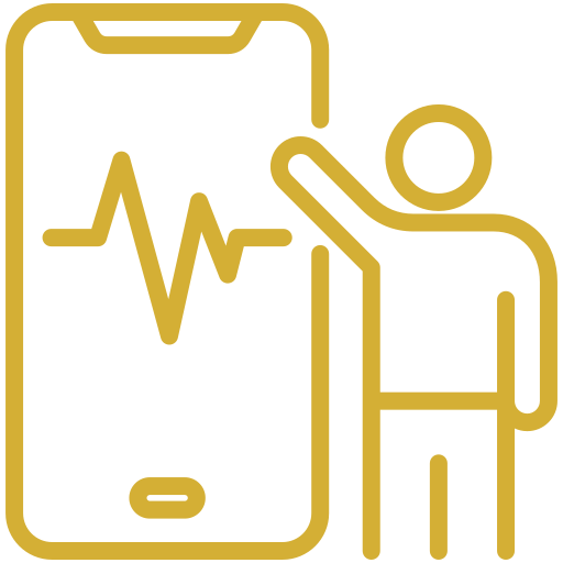 Outline of a person standing next to a large smartphone with a heartbeat line on the screen.