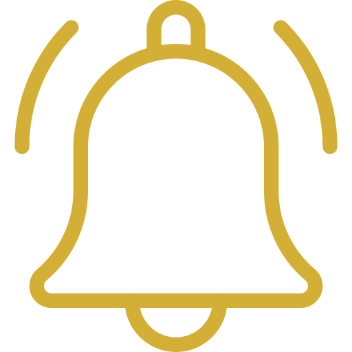 Gold outline of a bell with a clapper at the bottom.