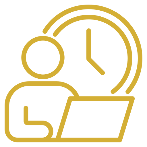Icon of a person working on a laptop with a large clock in the background.