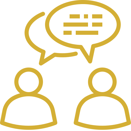 Icon of two people having a conversation with speech bubbles above their heads.