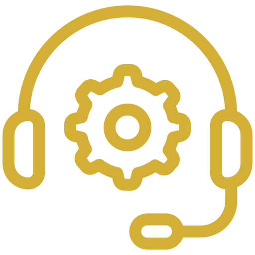 Icon of a headset with a gear in the center, representing customer support or technical assistance.