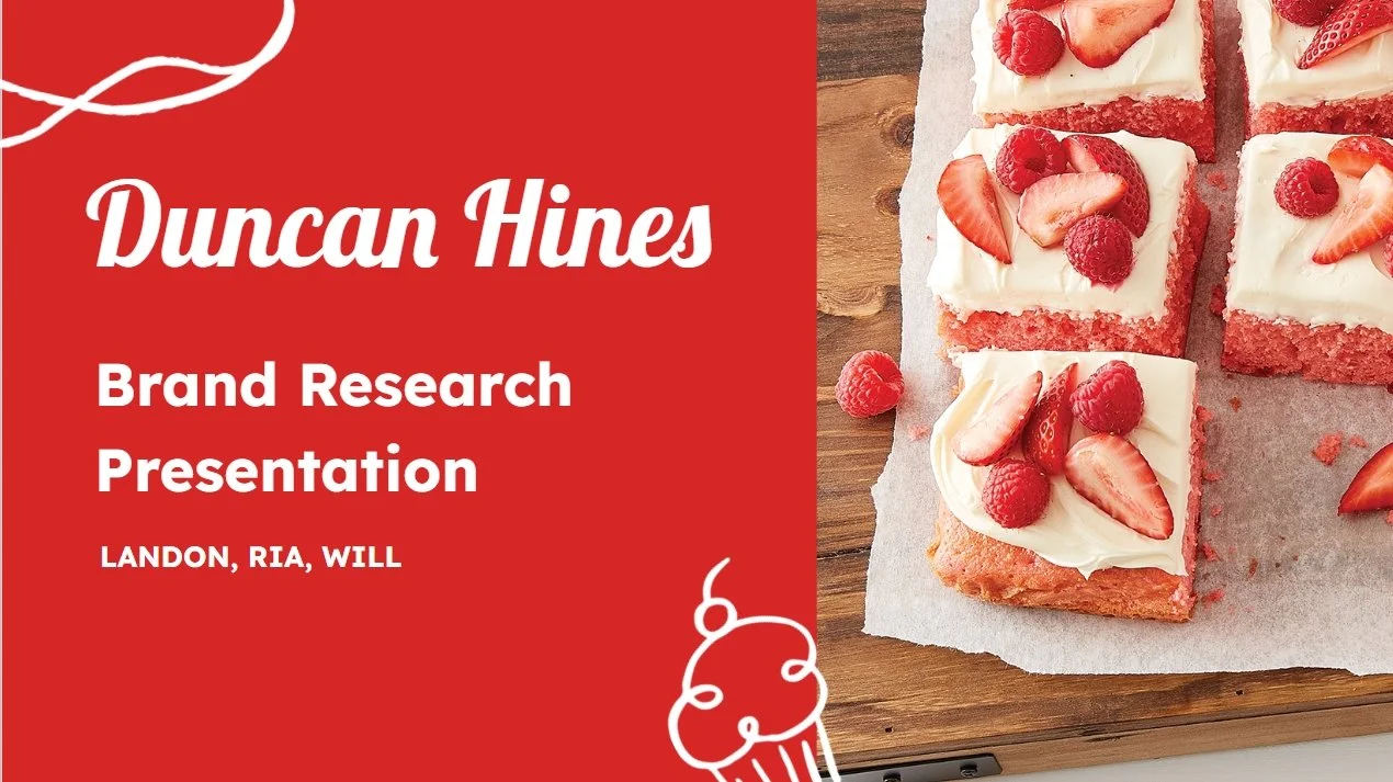 Presentation slide with red background on left and baked strawberry cake squares with white frosting and fresh strawberries and raspberries on right.