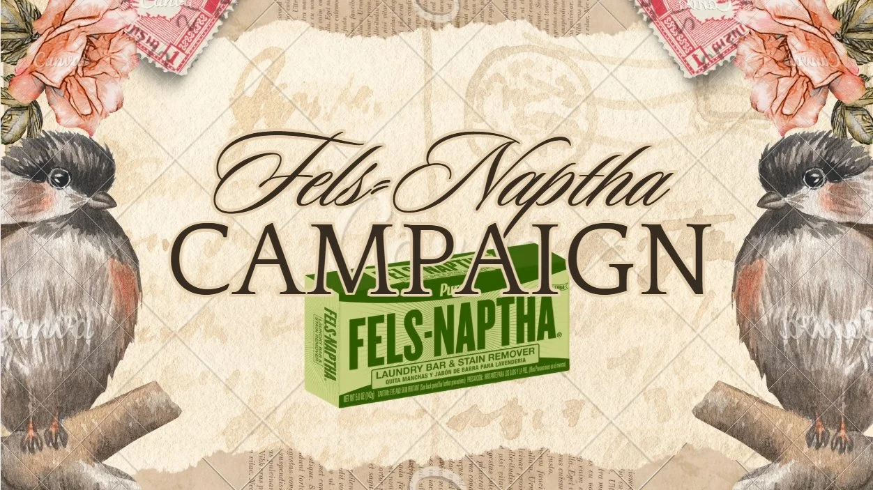 Vintage poster for Fels Naptha campaign featuring two birds and pink flowers with a background resembling aged paper.
