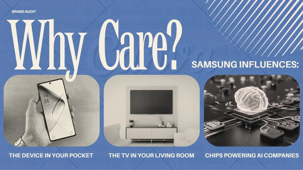 Poster titled 'Why Care?' with three images and captions: a smartphone in a hand labeled 'The device in your pocket,' a TV in a living room labeled 'The TV in your living room,' and a computer chip with a brain image labeled 'Chips powering AI companies.'