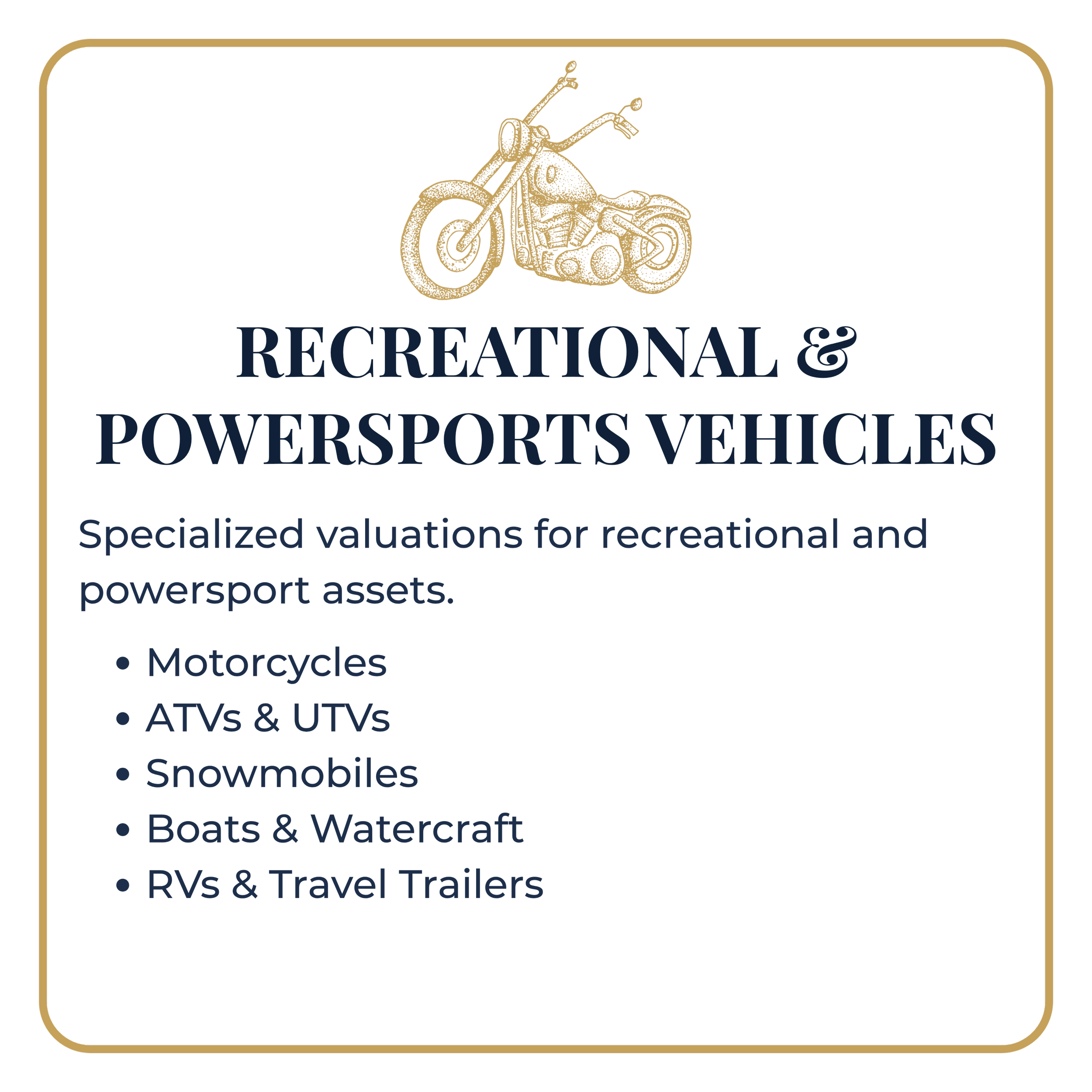 Logo for a recreational and powersports vehicle business. It features a gold outline of a motorcycle and text indicating services for motorcycles, ATVs, UTVs, snowmobiles, boats, watercraft, RVs, and trailers.