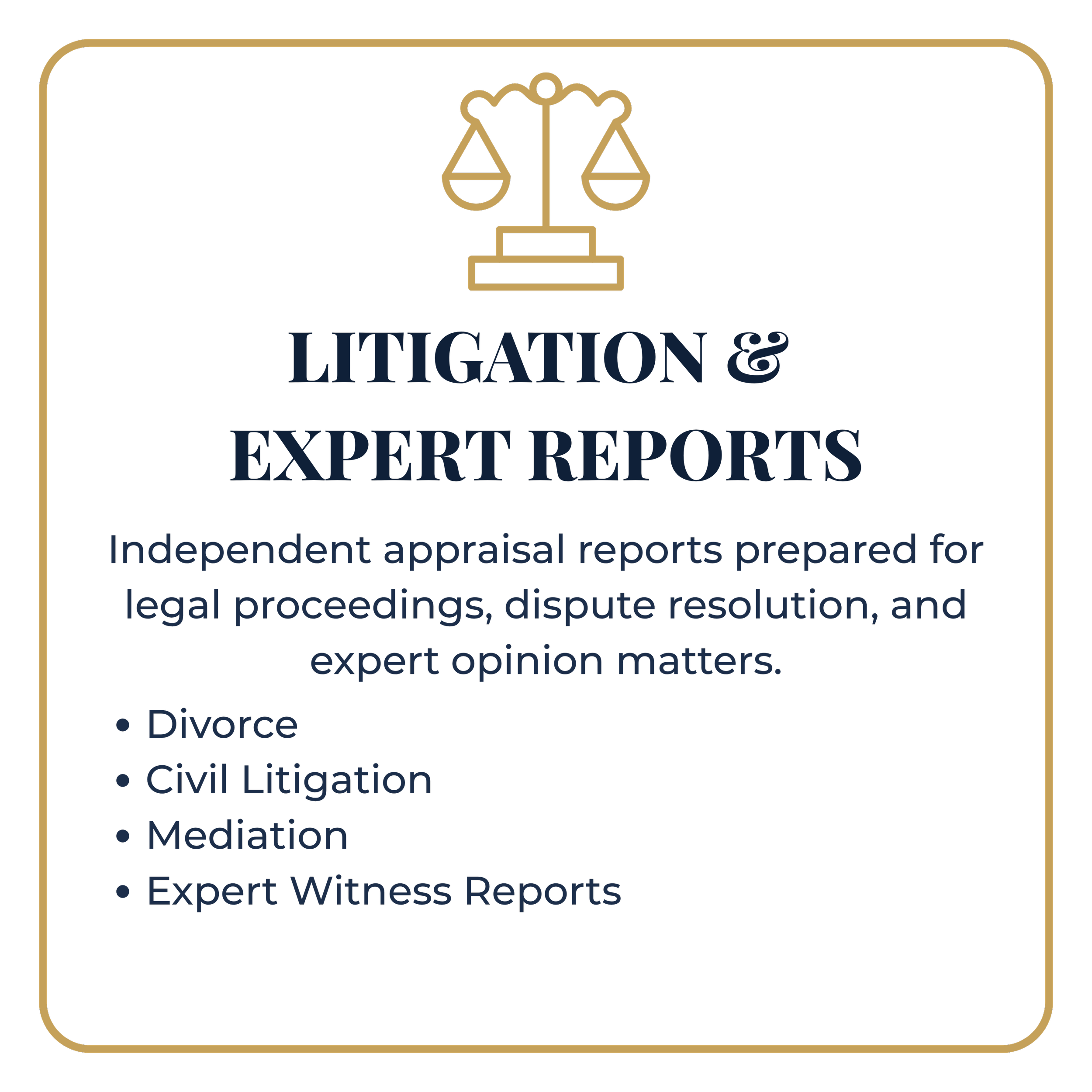 Logo of a legal firm featuring a gold scale of justice icon and the words 'Litigation & Expert Reports' in blue and red text on a black background.