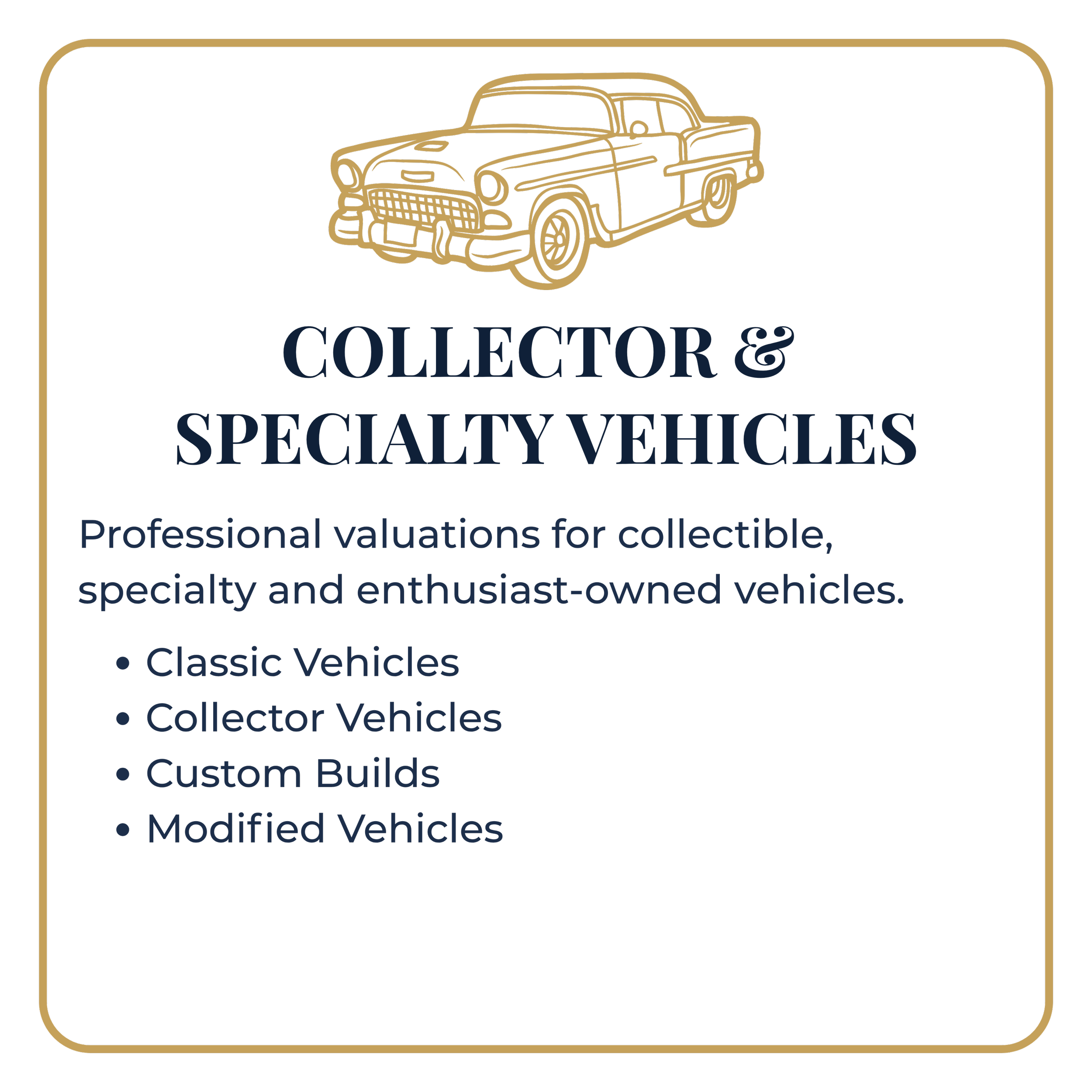 Neon black and gold sign with an outline of a vintage car and the text 'Collector & Specialty Vehicles'.
