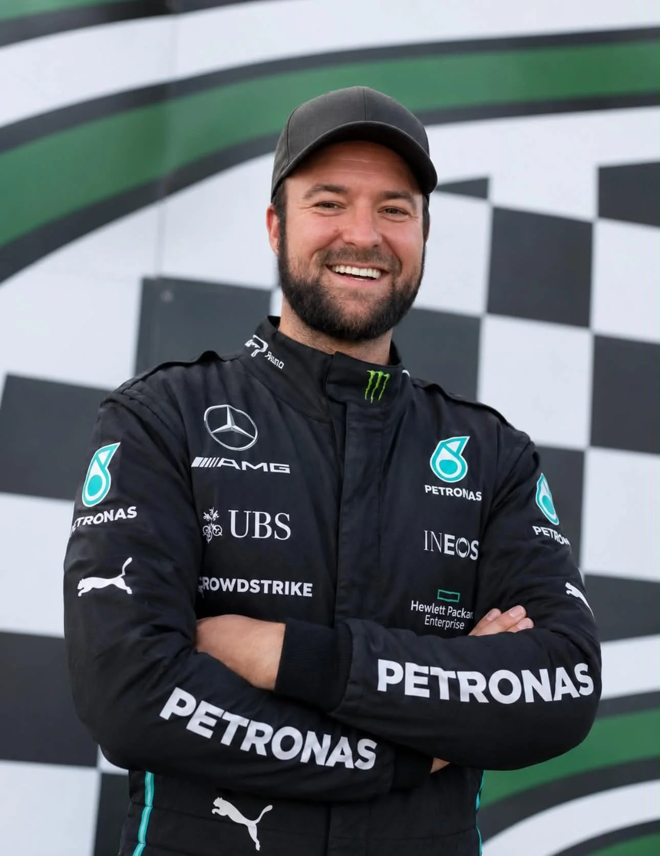 A man wearing a Mercedes AMG Petronas Formula 1 team racing suit and a black cap, smiling with arms crossed in front of a checkered flag background.