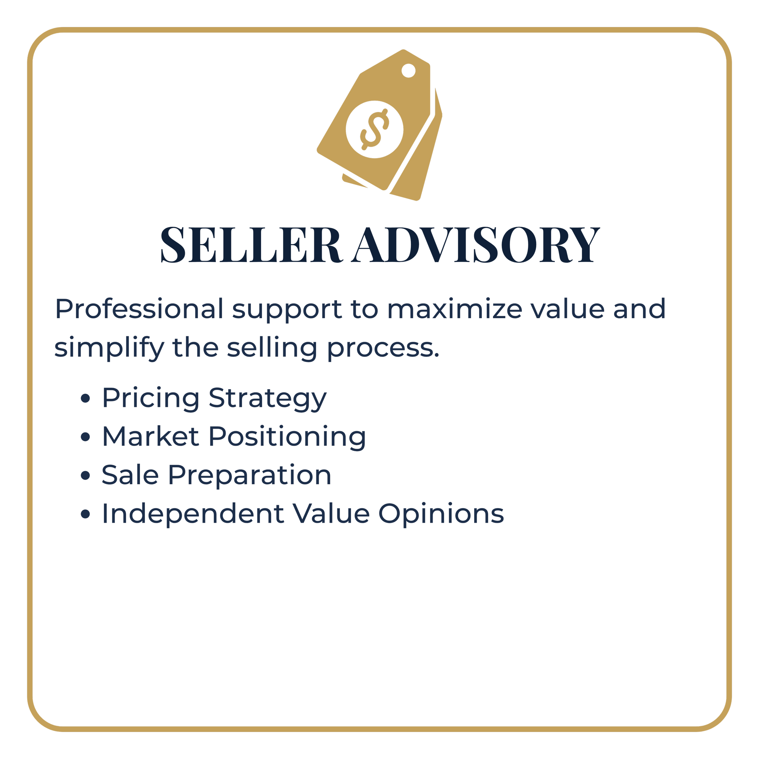 Gold and navy professional advisory logo with a stylized price tag and dollar sign, and supporting text about maximizing value and simplifying the selling process.
