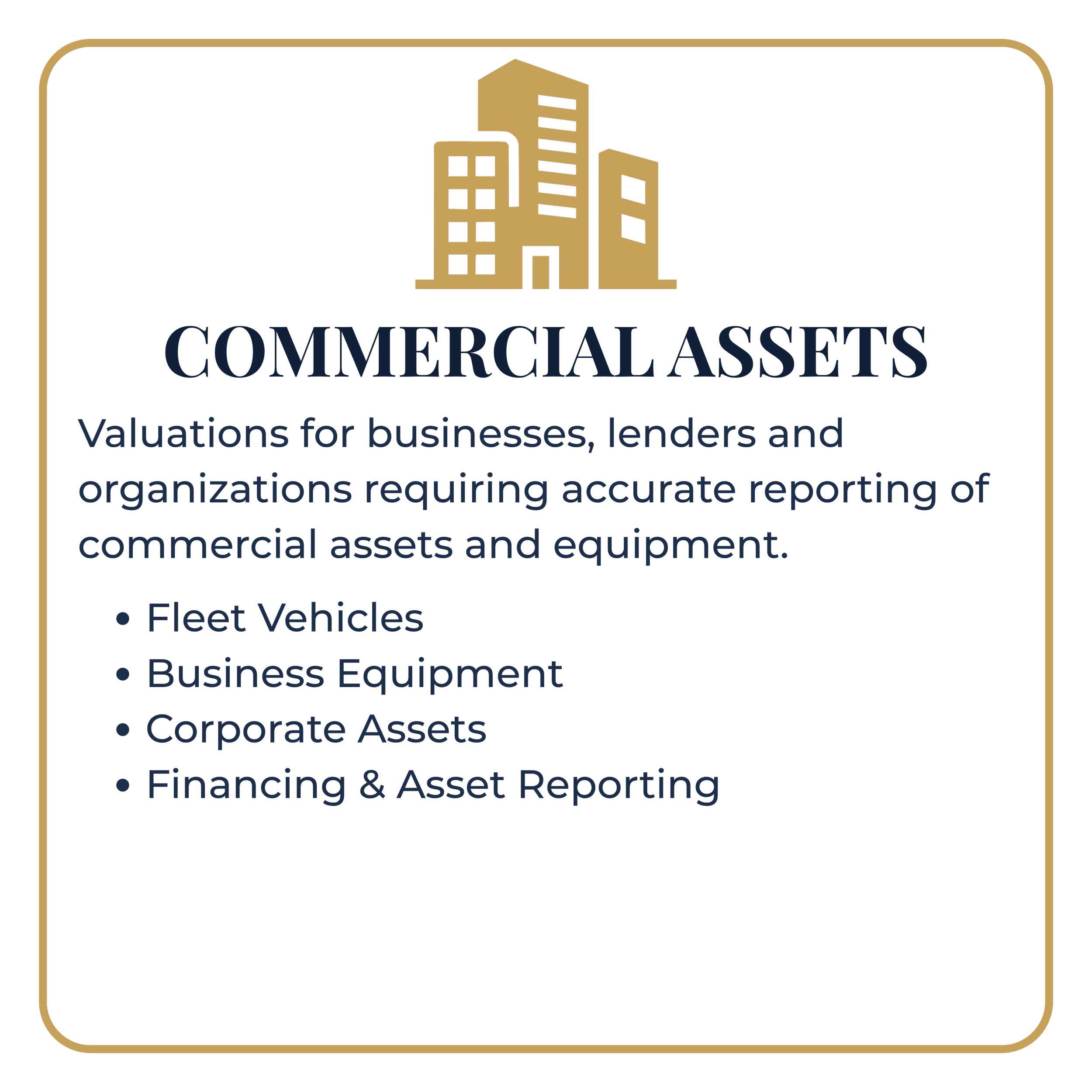 Logo for Commercial Assets featuring a stylized illustration of tall buildings in gold and black with blue window accents, and text indicating services related to business valuation, equipment, and asset reporting.