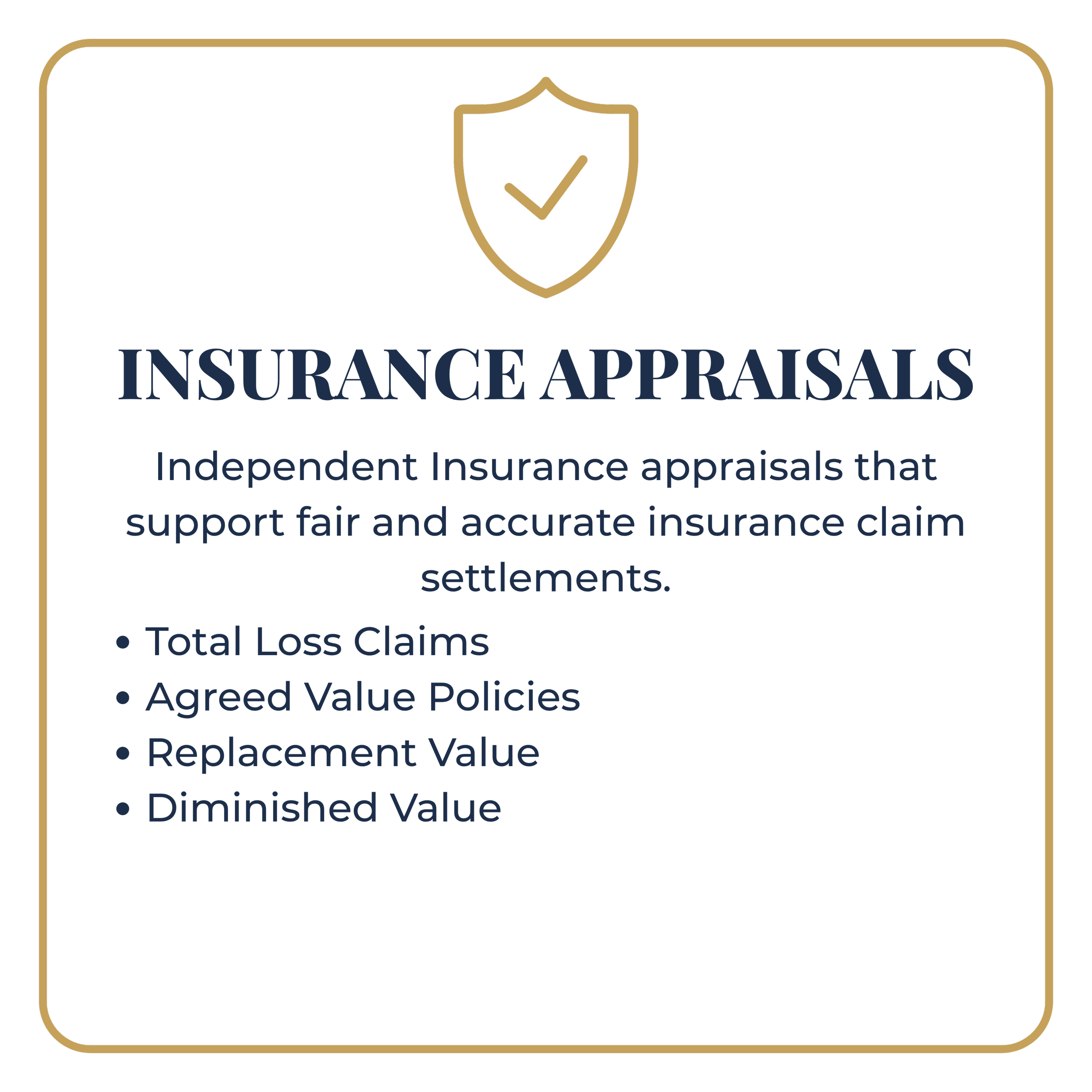 Graphic design with a shield icon and a checkmark, text in blue and black, related to insurance appraisals and claims.