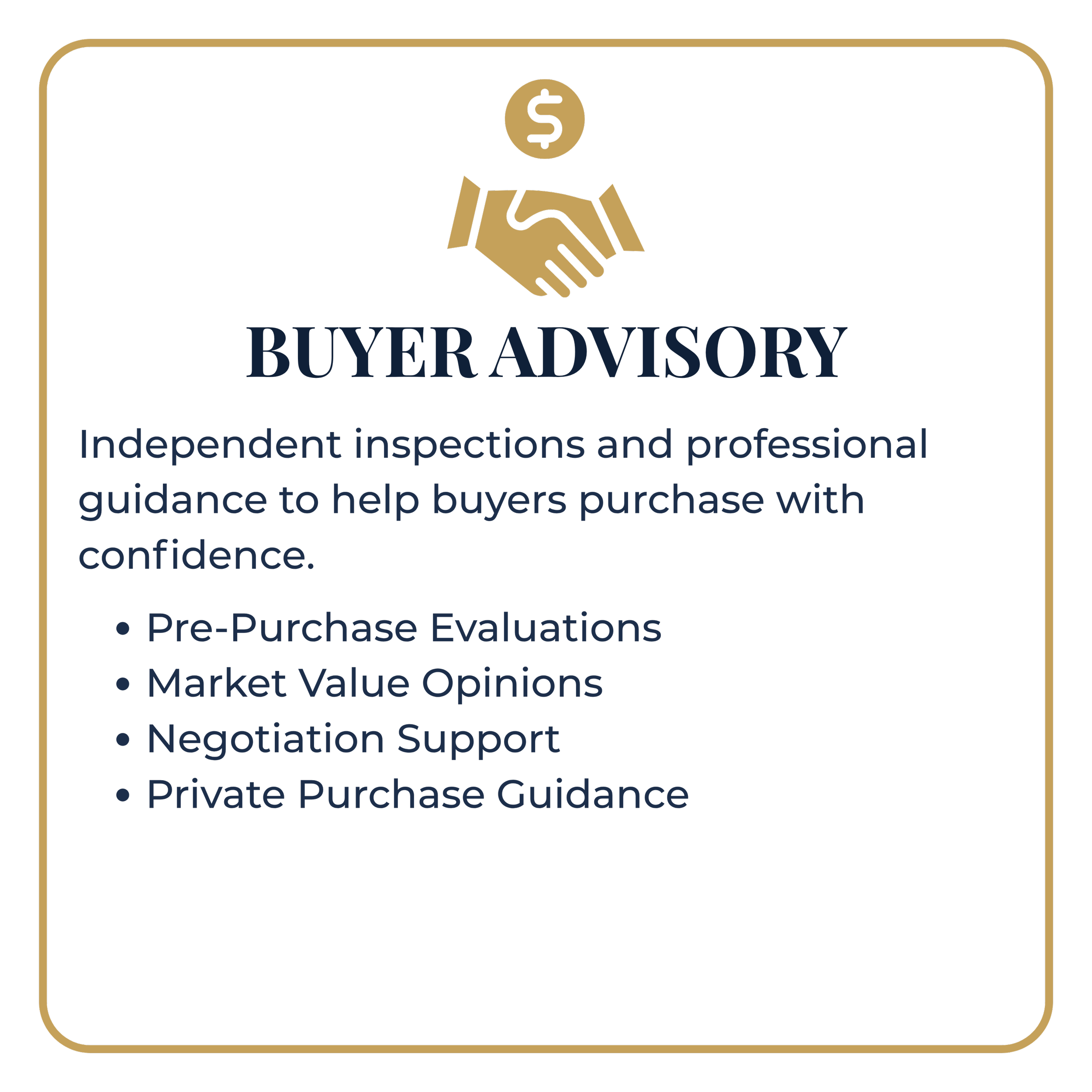 A graphic with a handshake and a dollar sign, promoting buyer advisory services for independent inspections and professional guidance.