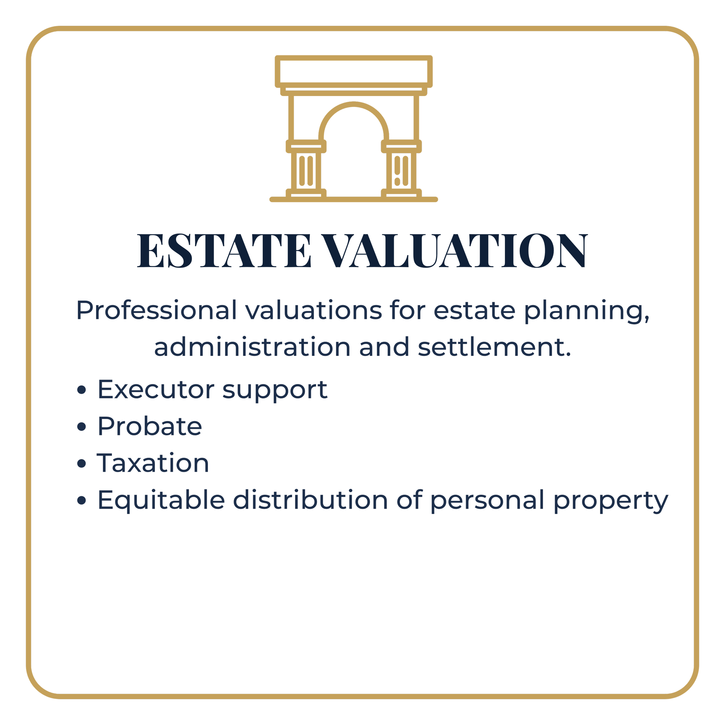 Close-up of a logo with a gold outline of an archway at the top and the words "ESTATE VALUATION" in large blue letters below, followed by smaller descriptive text.