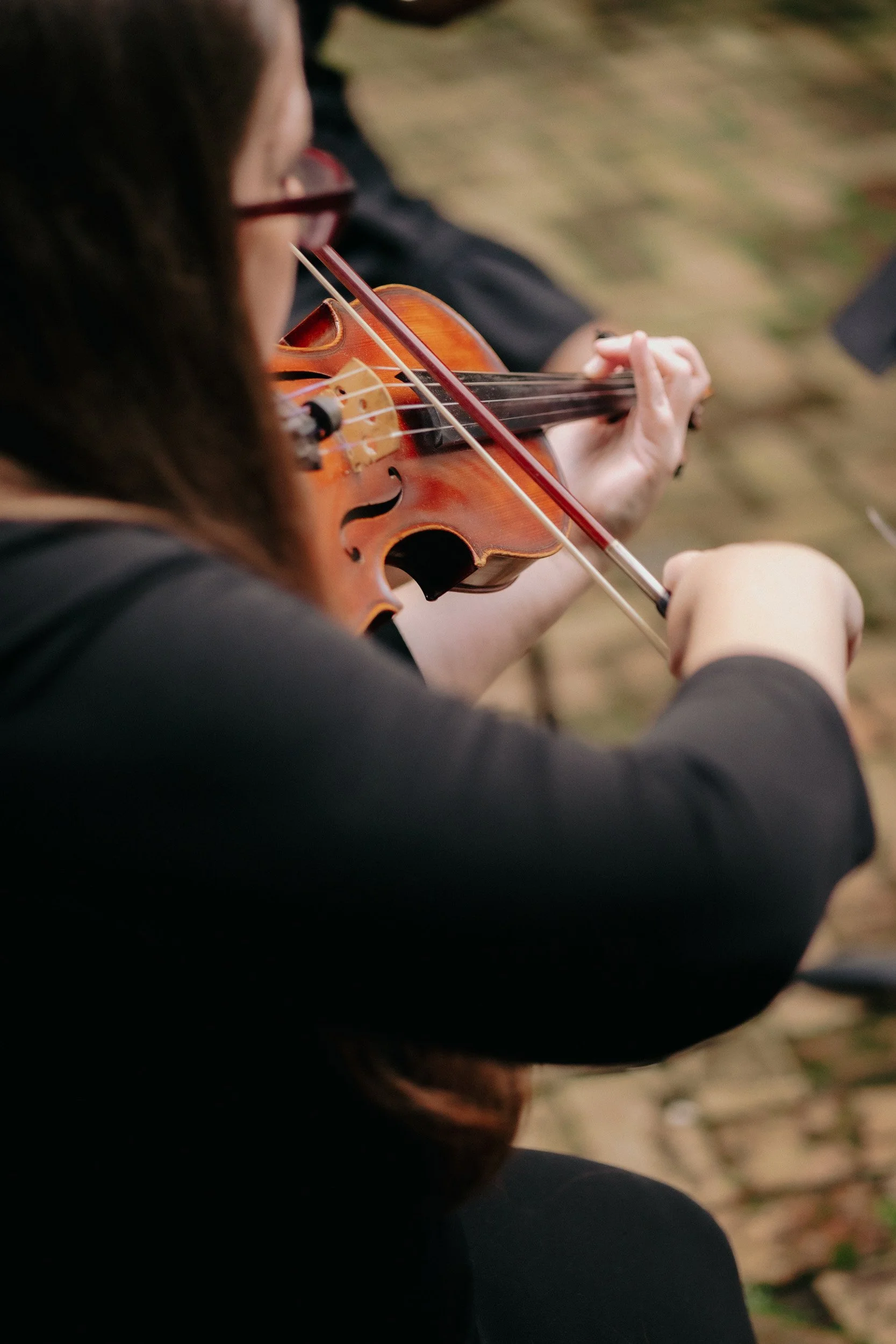 A person playing a violin outdoors, with a blurred earthy background.