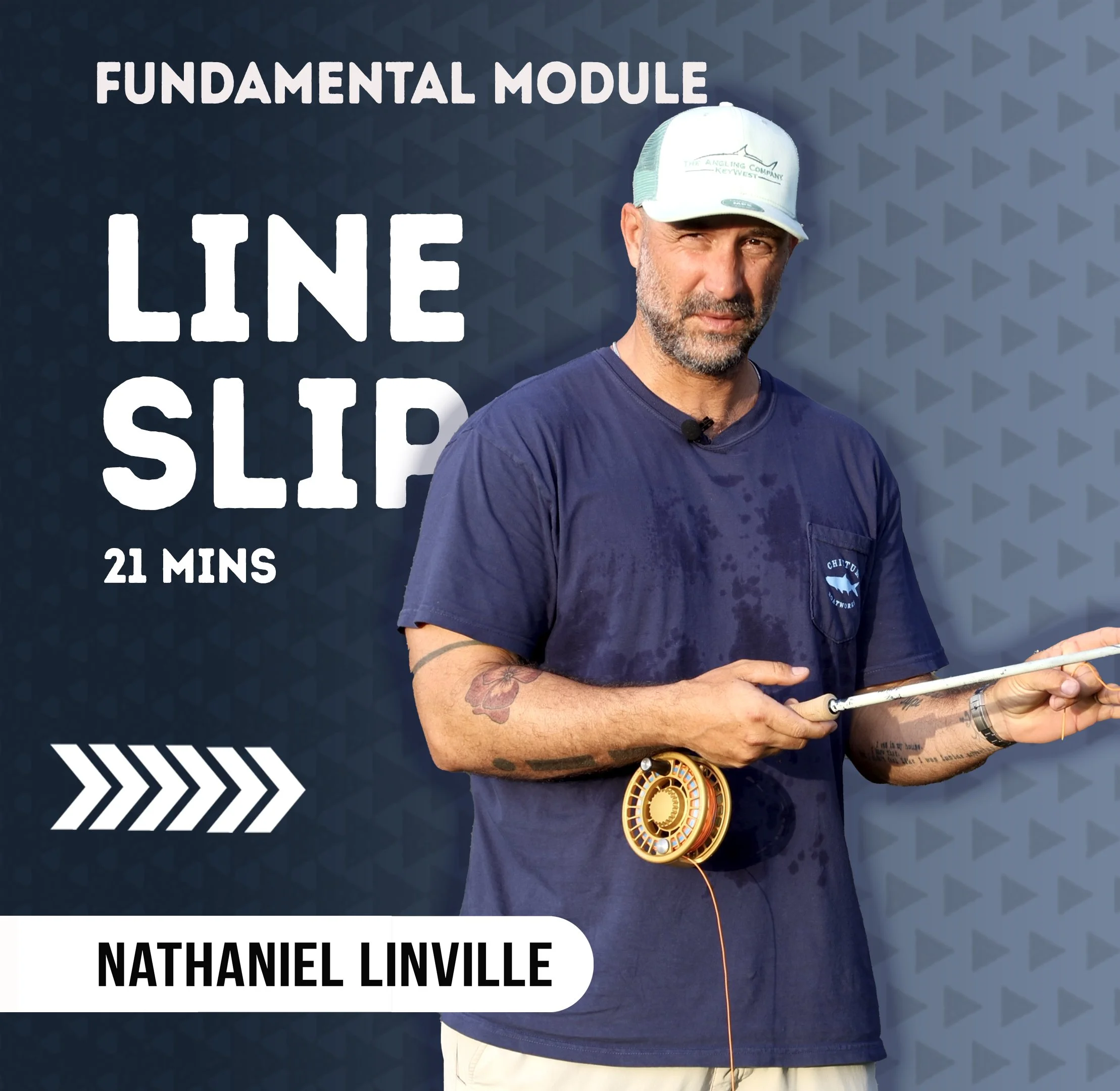 Nathaniel Linville, wearing a navy blue t-shirt and a white baseball cap with a logo, holding a fishing rod. Behind him is a blue background with text that reads 'FUNDAMENTAL MODULE LINES' and 'NATHANIEL LIVILLE'.