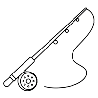 Outline of a fishing rod with a reel, line, and hook.