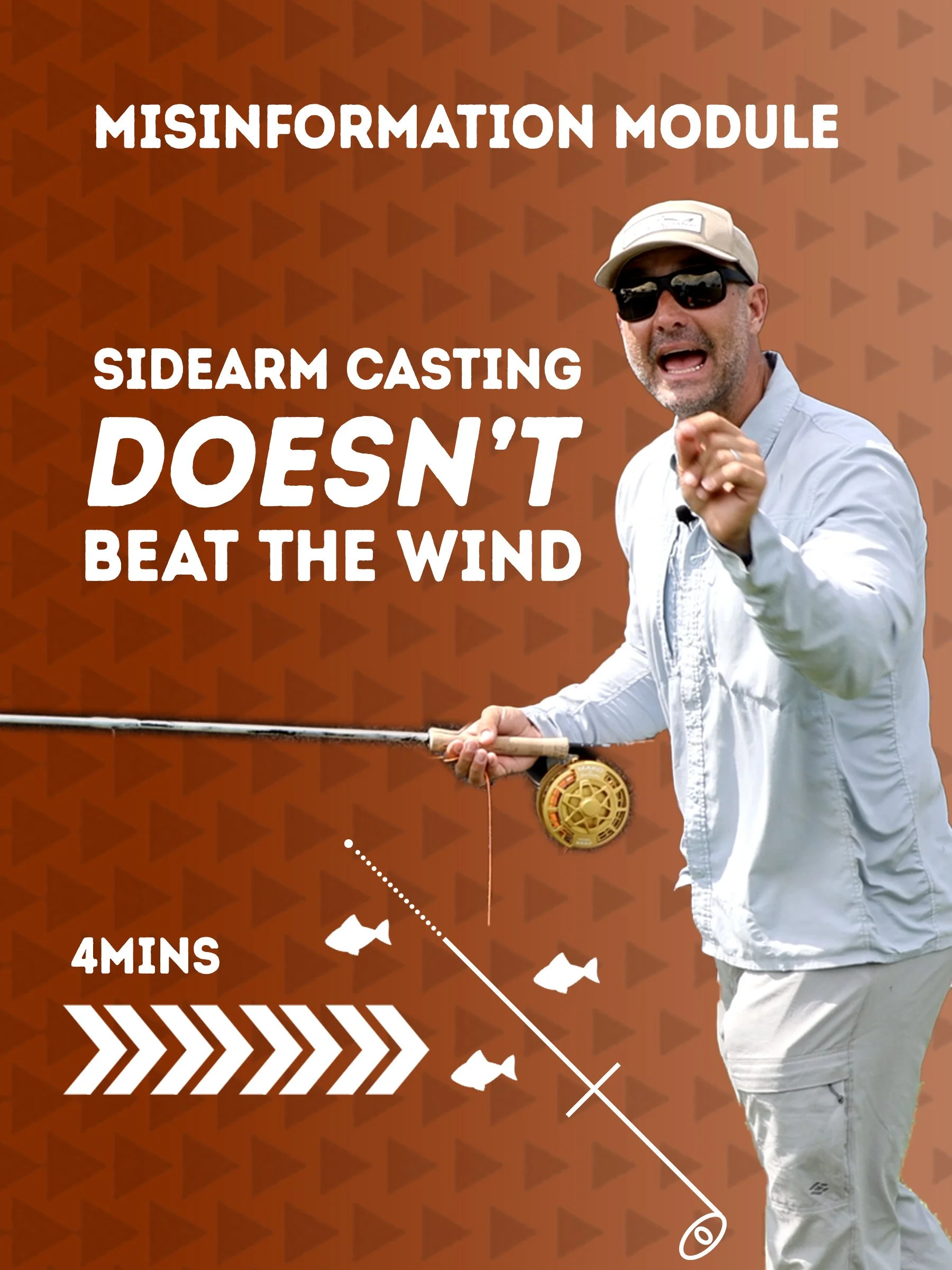 Nathaniel Linville, pointing forward, in front of a graphic with a fishing reel and the words 'misinformation module' and 'sidearm casting doesn't beat the wind' on a reddish background.