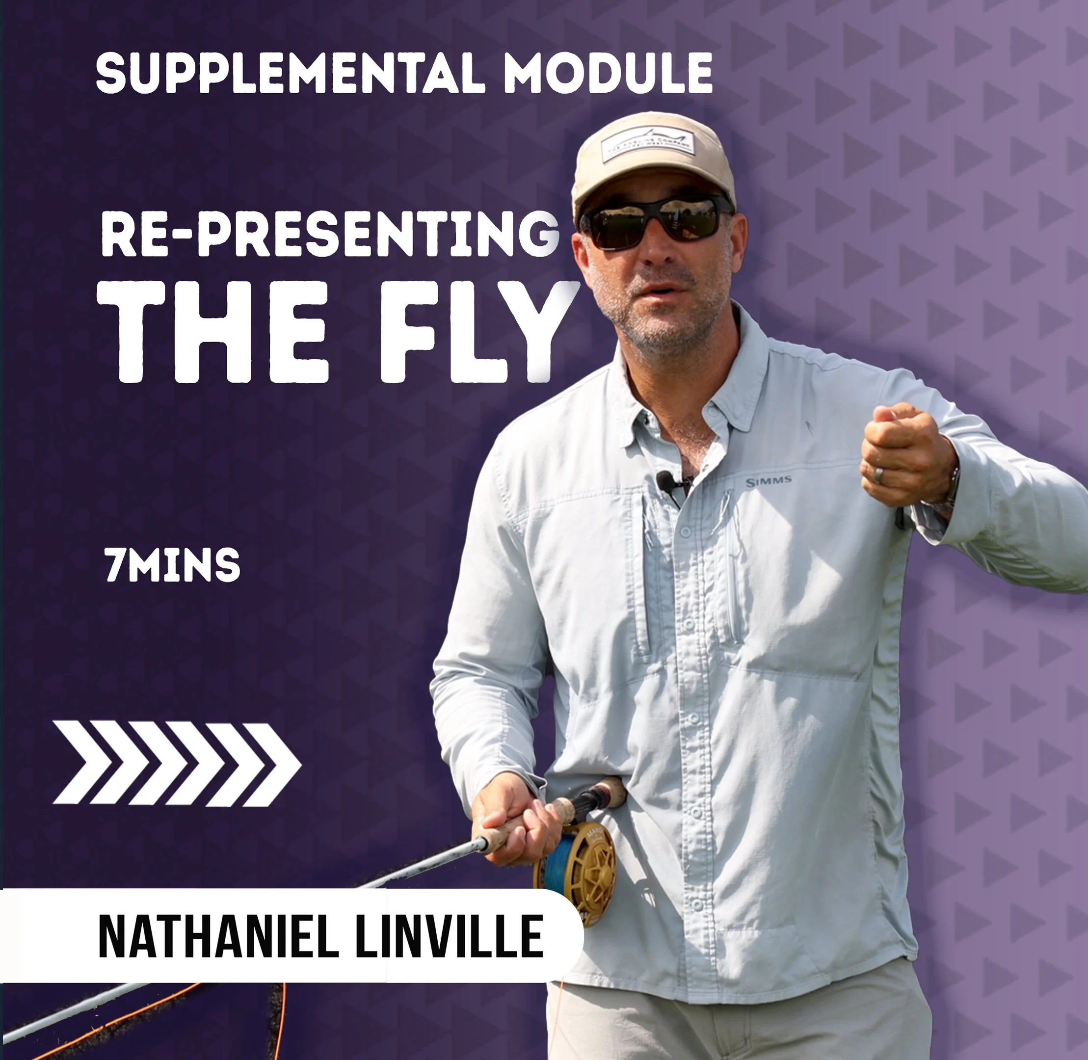 Nathaniel Linville, holding a fishing rod, standing in front of a purple patterned background with text overlay about a supplemental module and an instructor's name.