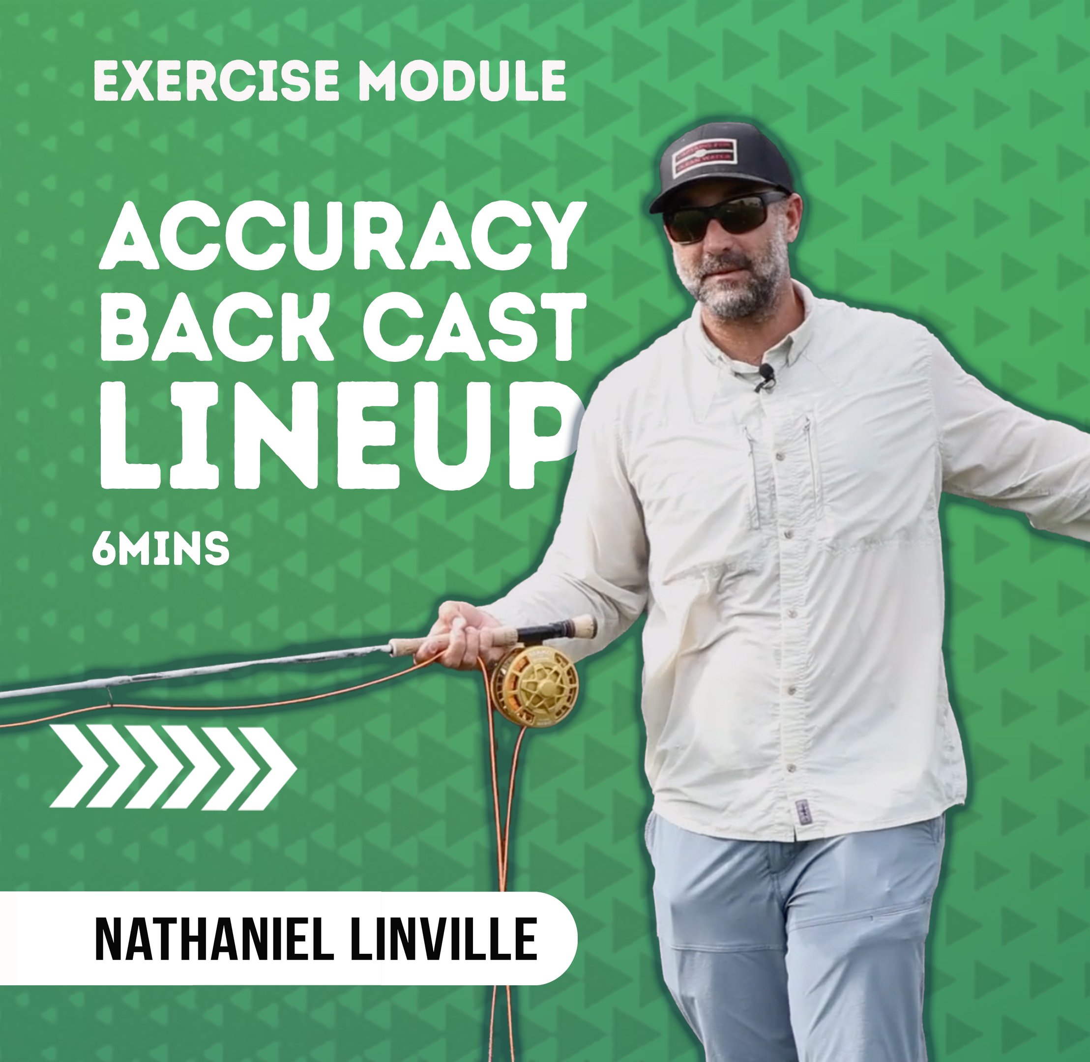 Man in sunglasses, baseball cap, and white shirt holding a fishing rod against a green background with text about an exercise module and a podcast.