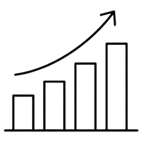 A black and white bar chart with an upward trending line indicating growth or increase