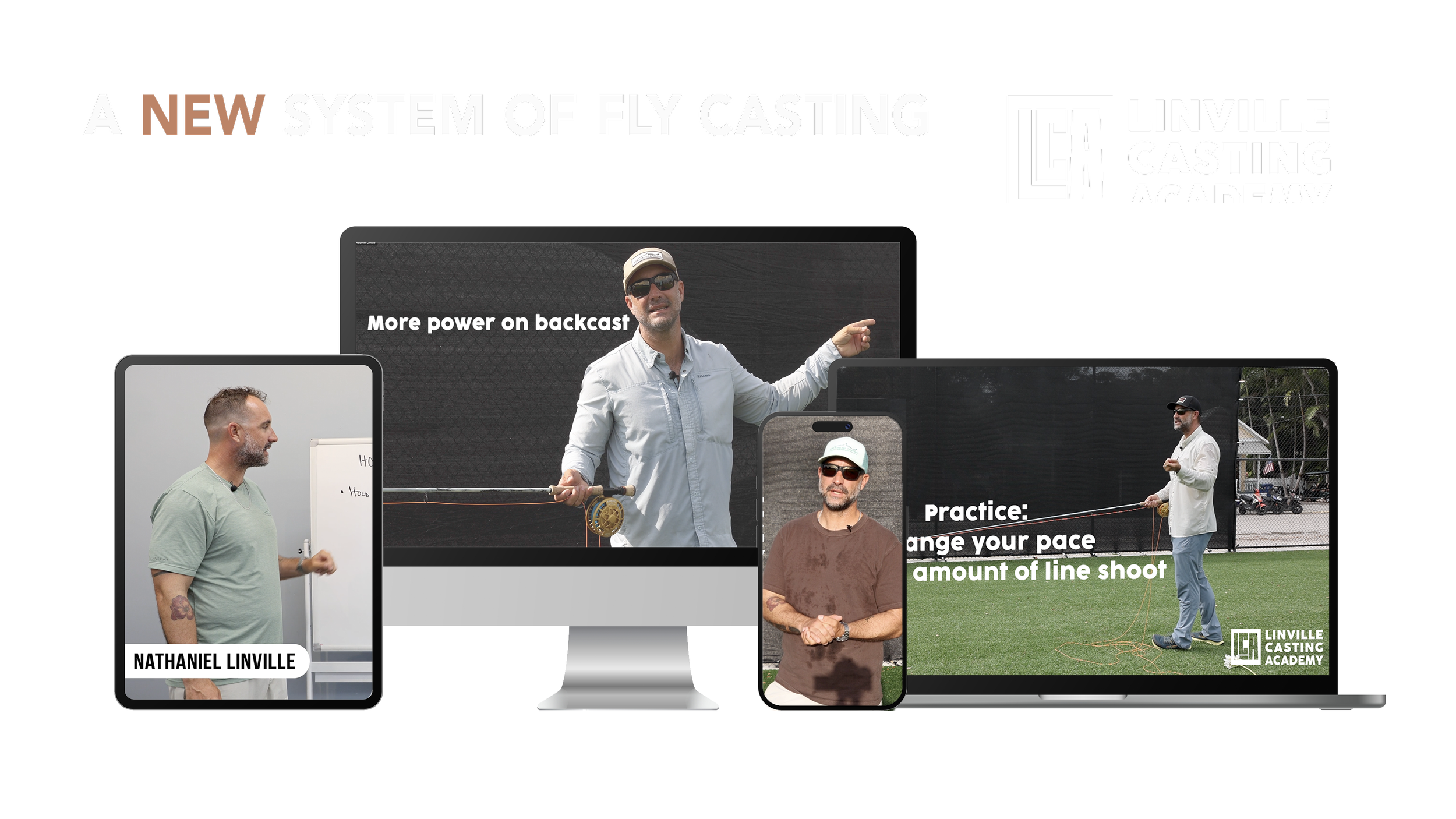 Promotional collage for Linville Casting Academy featuring Nathaniel Linville and others, with screens showing fishing instructional videos and text about fly casting techniques.