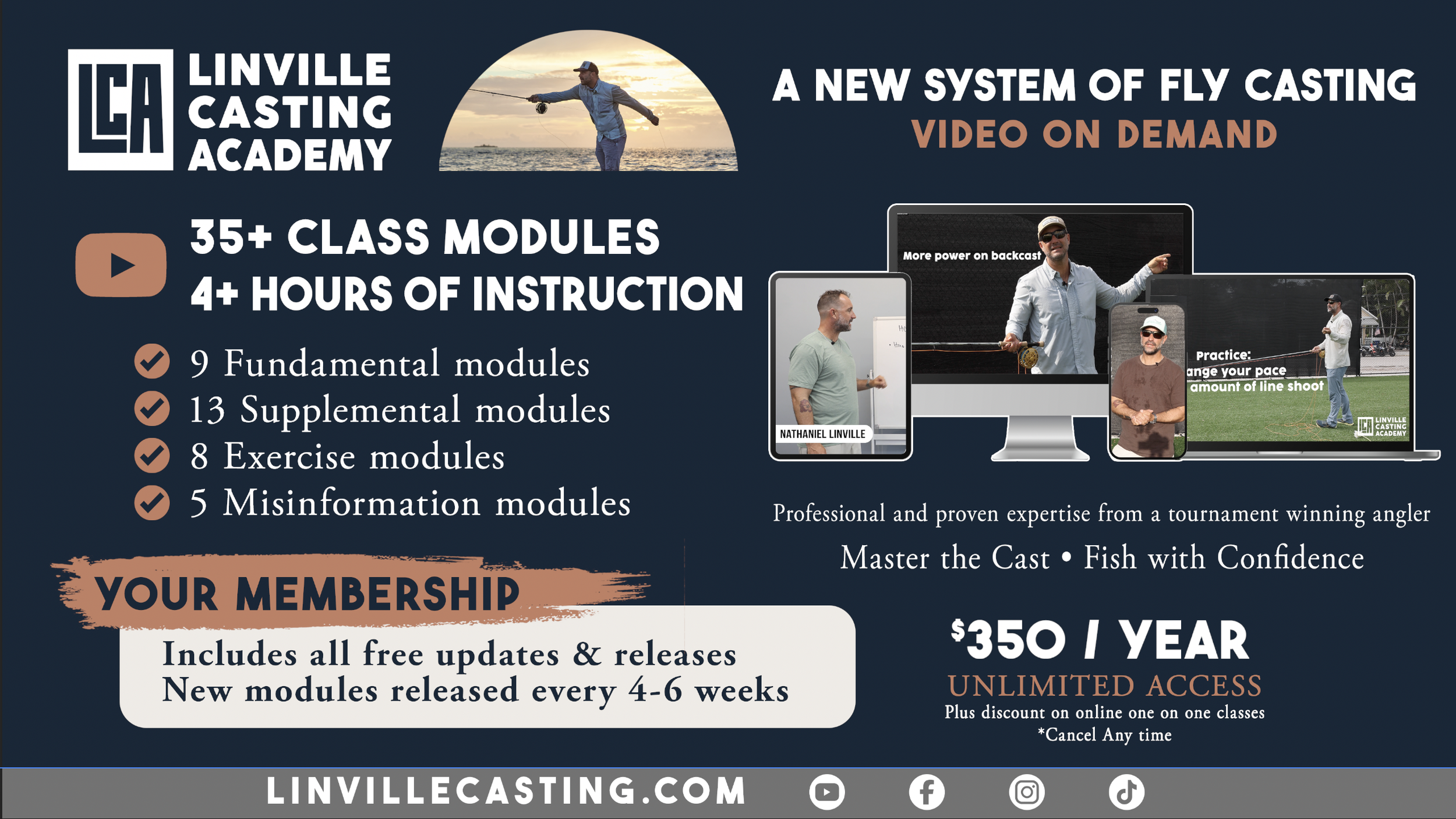 Promotional graphic for Linville Casting Academy, showcasing their online course on fly casting with over 35 modules, 4 hours of instruction, and access to video lessons on multiple devices.