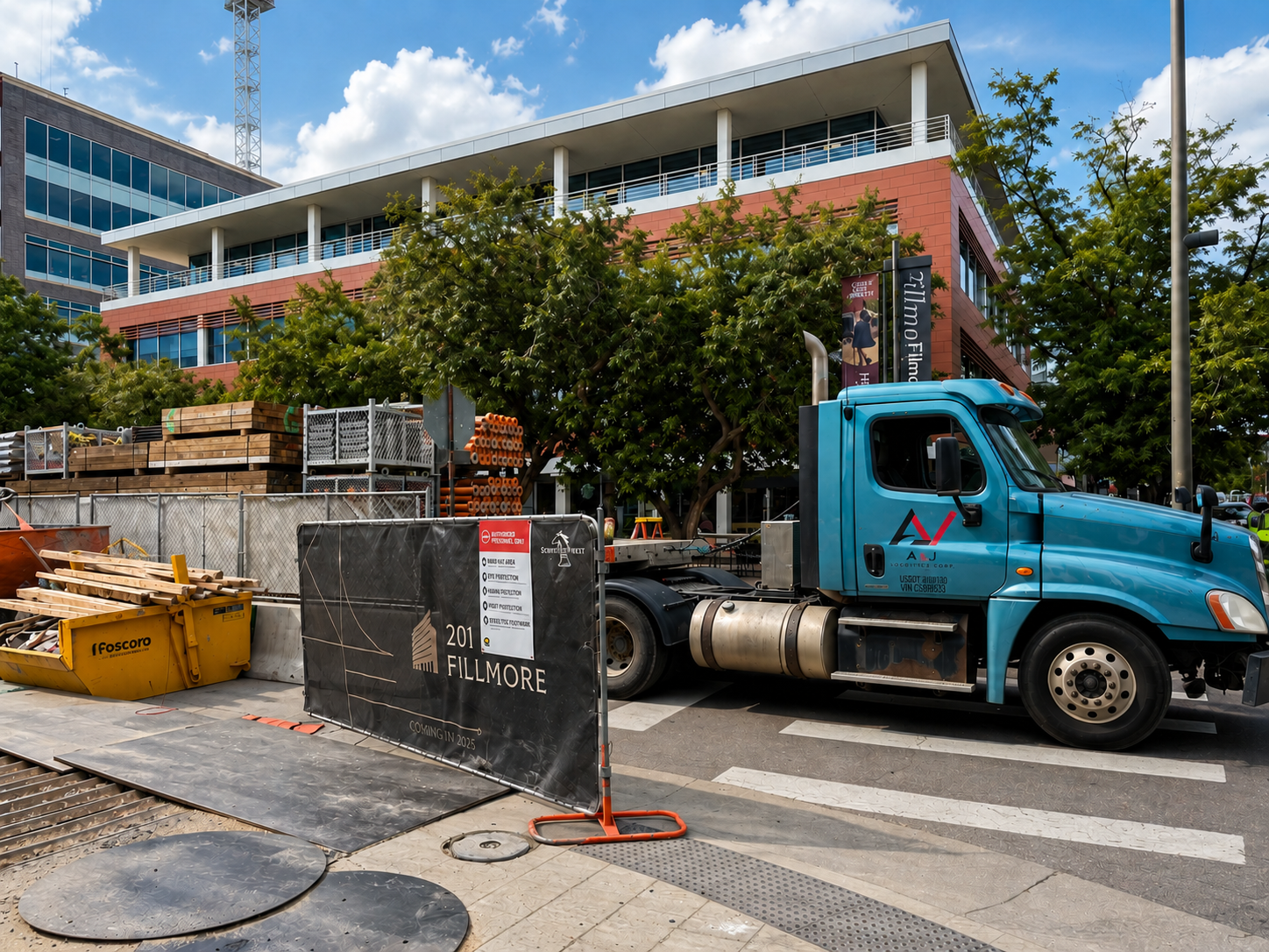 Construction site with a blue truck parked on the street, building materials and equipment, a sign for Fillmore 201, and trees in front of a modern building under a partly cloudy sky.