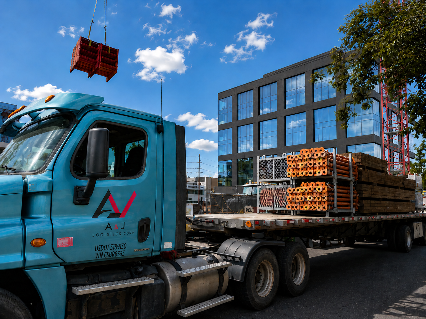 A construction flatbed truck carrying orange and brown construction materials parked in front of a modern glass building on a sunny day.