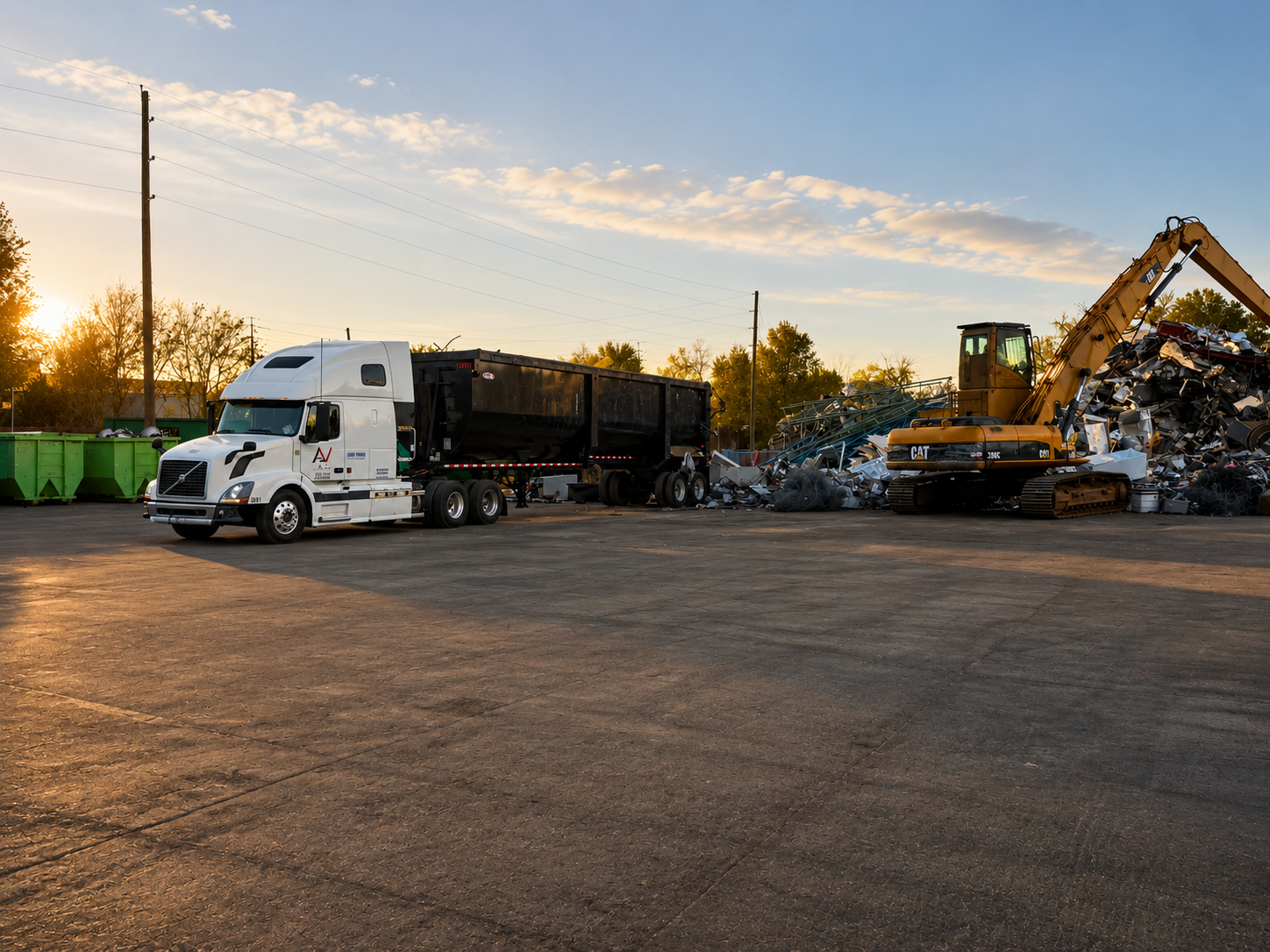 Wide view of a scrapyard at sunset with a white semi-truck, black trailer, and a yellow excavator loading scrap metal into the trailer. Green dumpsters are visible on the left, with trees and power lines in the background.
