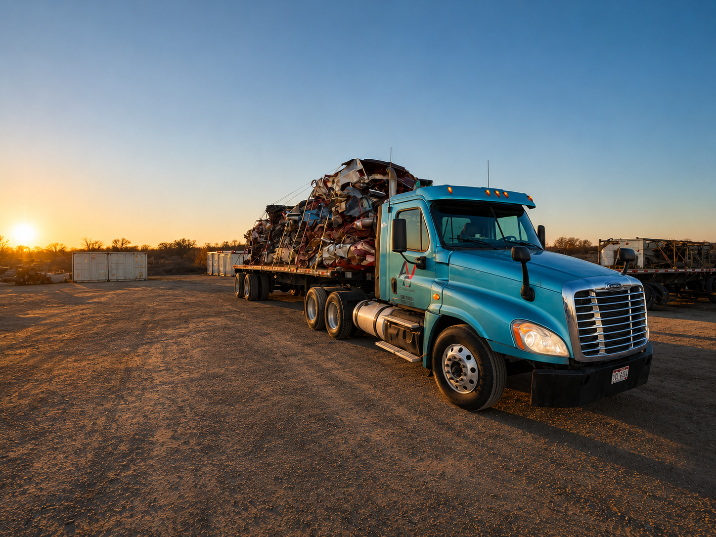 A teal semi-truck parked on a dirt lot at sunset, loaded with a large pile of scrap metal.
