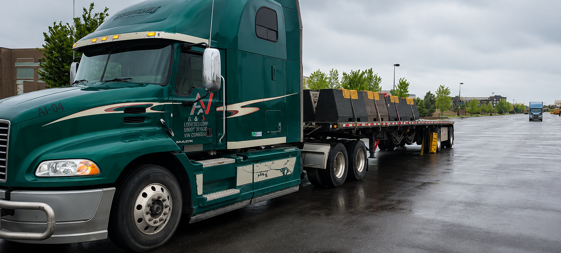 Green semi-truck with a flatbed trailer carrying black cargo containers parked on a wet asphalt lot with a cloudy sky and some trees and buildings in the background.