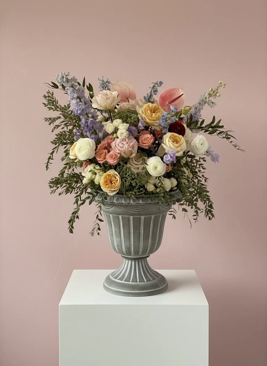 A floral arrangement in a gray decorative vase, placed on a white pedestal against a pink wall. The bouquet includes roses, peonies, and other mixed flowers with green foliage.