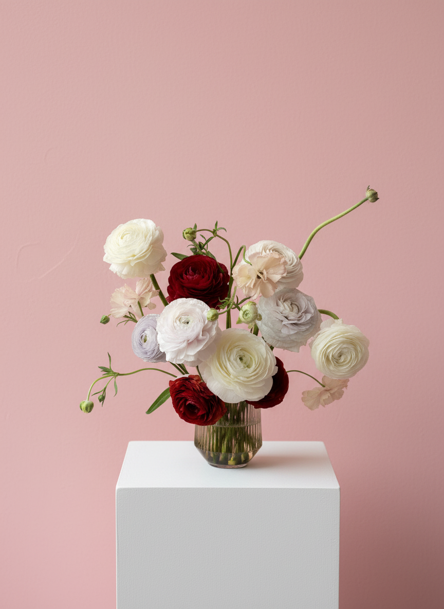 A glass vase with white, red, purple, and blush ranunculus flowers on a white pedestal against a pink wall.