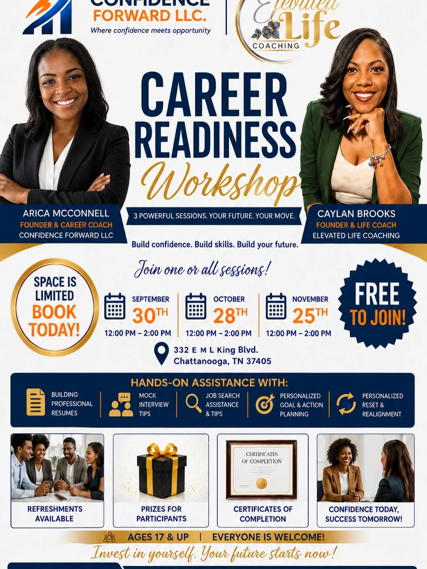 3 Free Career-Readiness Workshop session!

If you know someone in need of these services share this post and sign up today! First session Sept 30th🗣️

Certificate of Completion
Fully prepared to apply for jobs and attend interviews 
Light refreshmen
