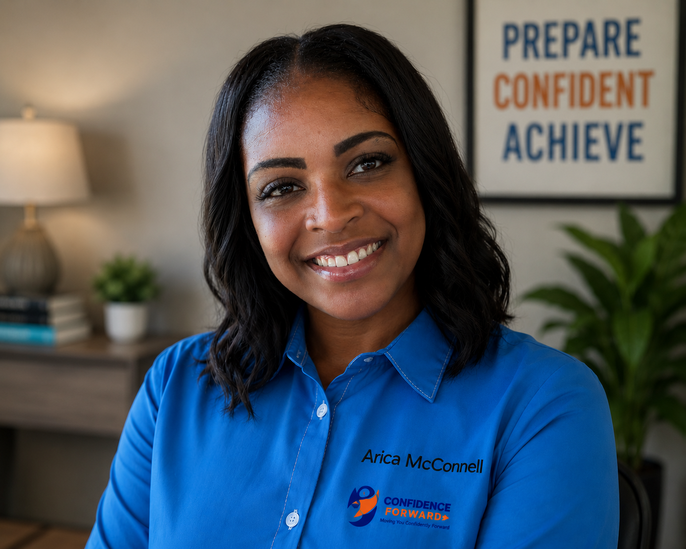 A smiling woman wearing a blue shirt with the name Arica McConnell and a Confidence Forward logo. In the background, a motivational sign reads 'PREPARE CONFIDENT ACHIEVE' and a table with a lamp, books, a plant, and framed pictures.