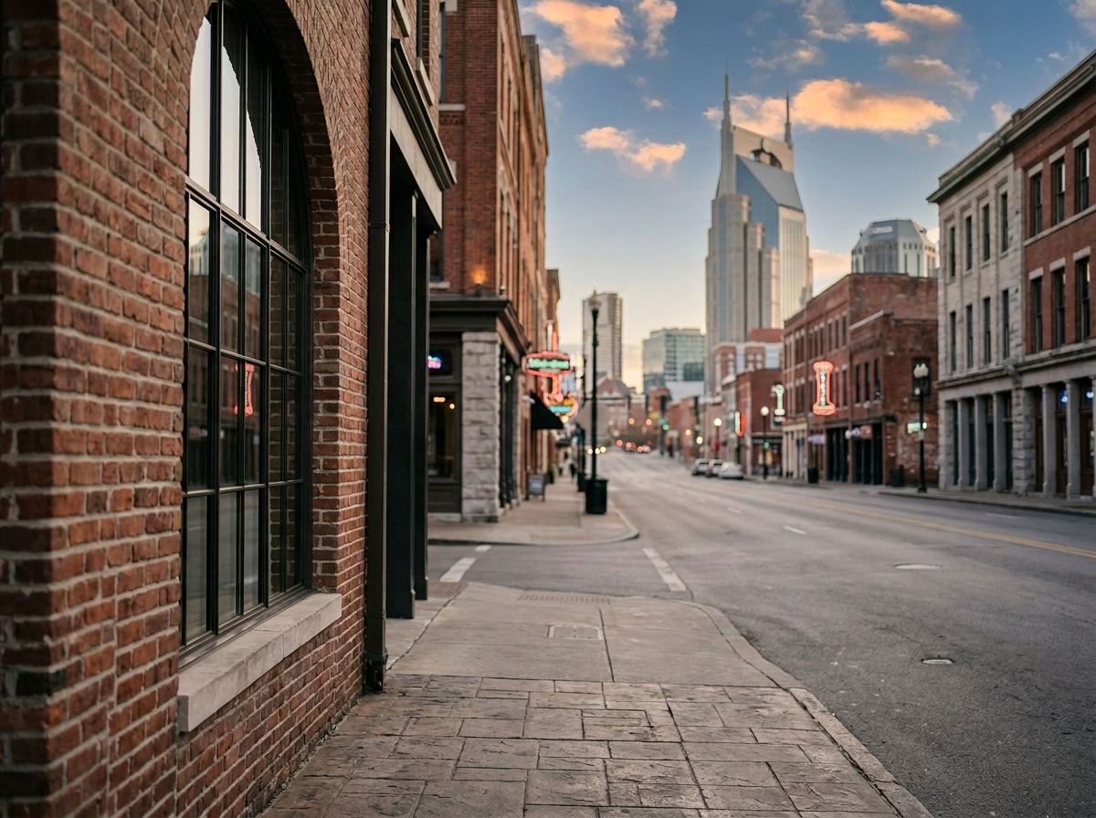 A quiet city street at sunset with brick buildings, a sidewalk, and a view of a tall skyscraper in the distance.