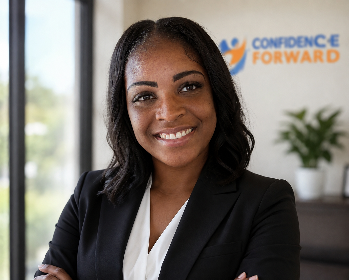 Professional woman smiling, wearing a black blazer and white blouse, in an office with a plant and a logo reading 'Confidence Forward' in the background.