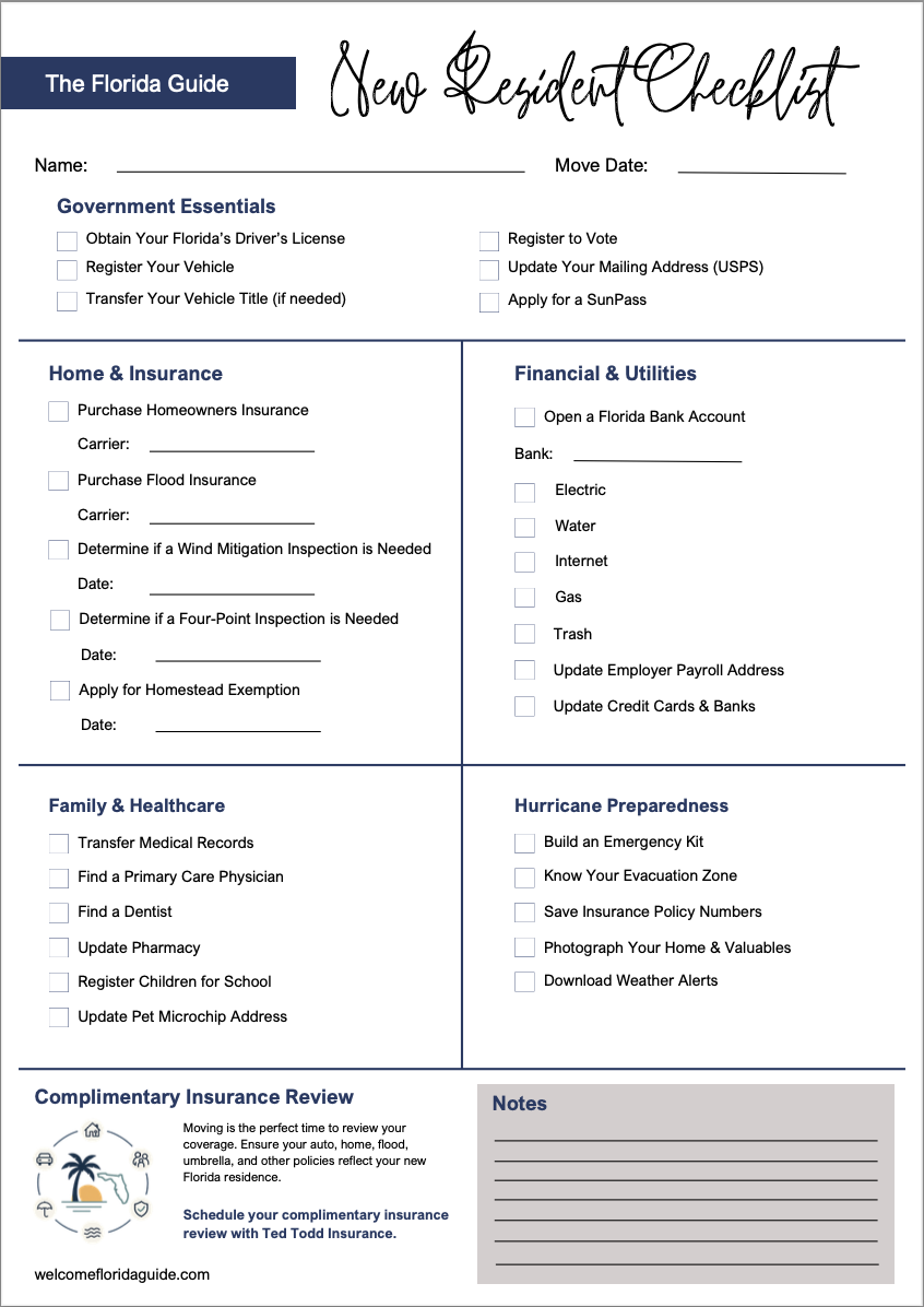A new resident checklist from The Florida Guide with categories for government essentials, home & insurance, financial & utilities, family & healthcare, hurricane preparedness, and insurance review, plus notes section.