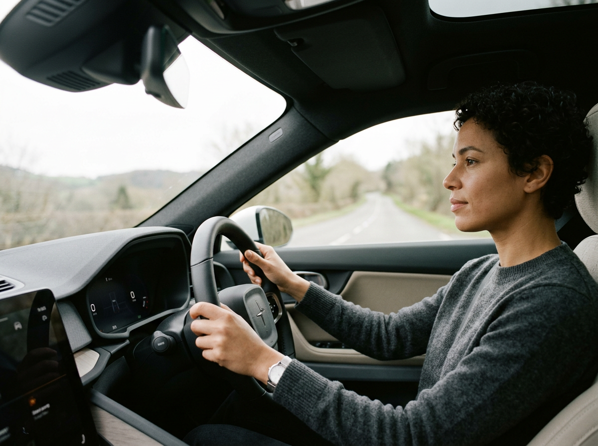 Woman driving along a scenic Florida road, representing safe driving and auto insurance.