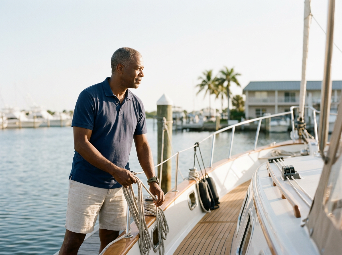 A man in a navy polo shirt and light-colored shorts standing on a yacht, holding ropes, with a marina and palm trees in the background.