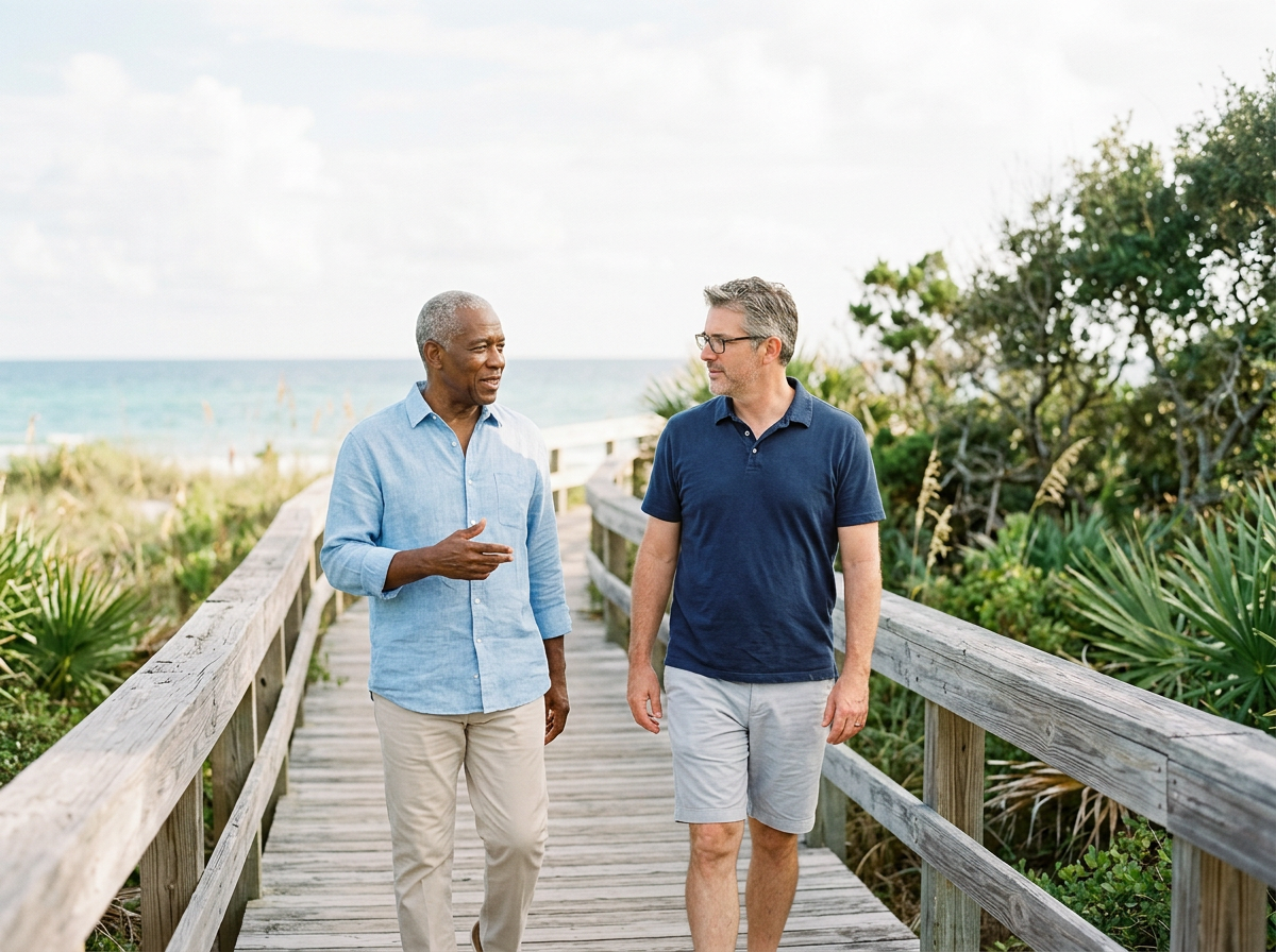 Two men walking and talking on a wooden boardwalk near the beach, surrounded by greenery and ocean in the background.