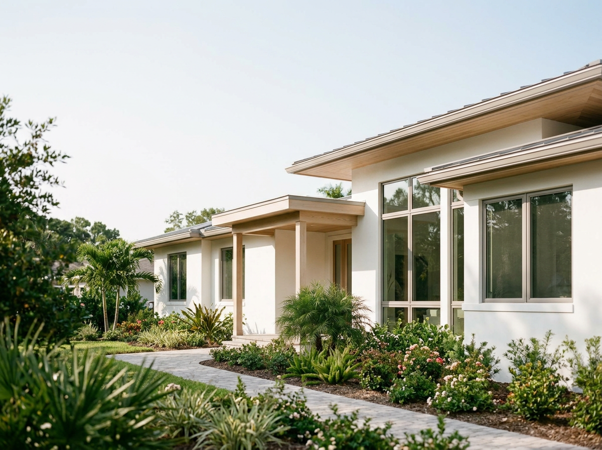 Modern house with large windows and a landscaped front yard with various plants and flowers.