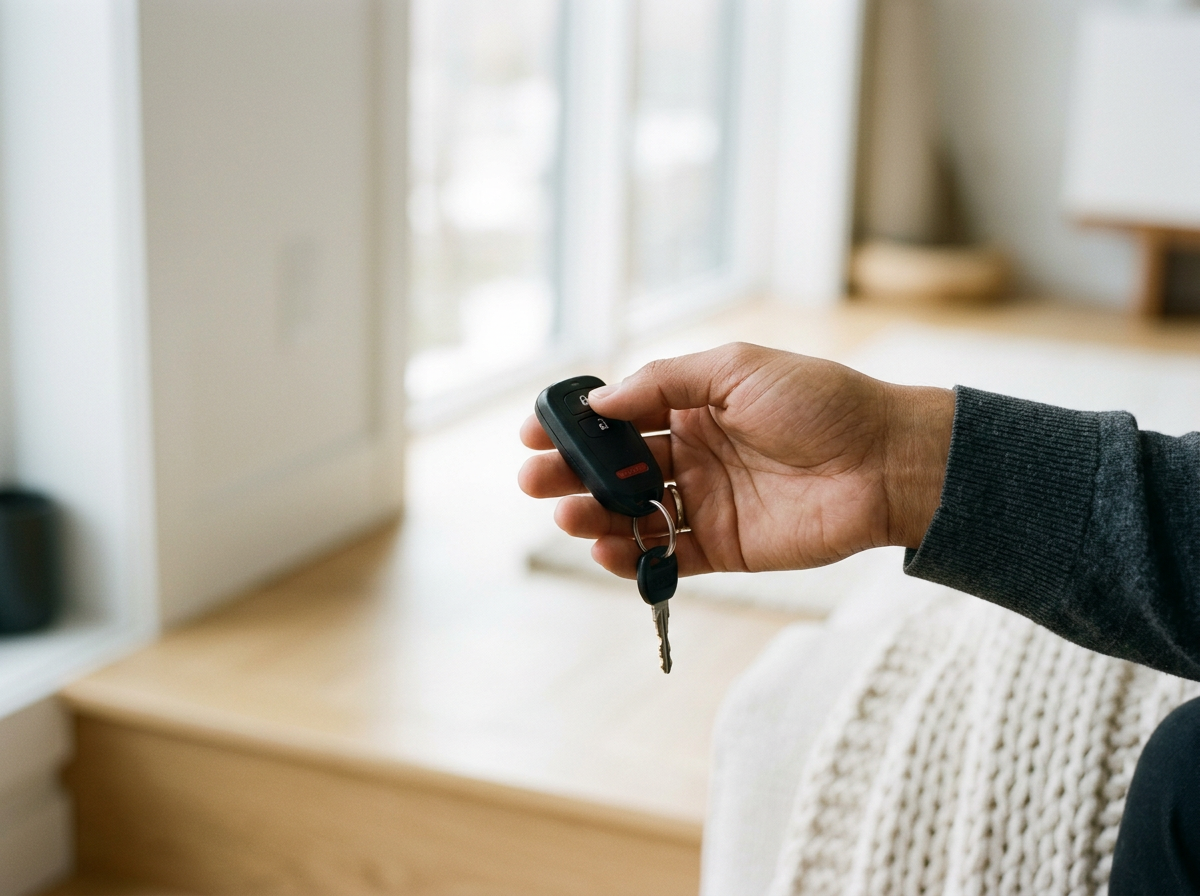 Florida driver holding a car key while preparing to leave home, representing auto ownership and insurance.